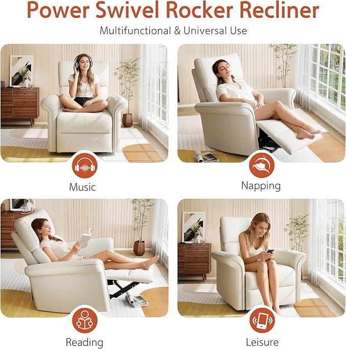 Power Swivel Rocker Recliner Chair for Nursery, Upholstered Snowflake Velvet 270°Swivel Glider Rocker Chair with USB Ports, Small Power Recliners for Small Spaces Living Room