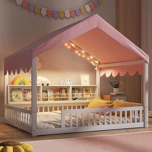 Merax Full Size Montessori Floor Bed for Kids Toddler, House Shaped Kids Full Bed Frame with Safety Guardrail, Curtain & Lights, Side Storage Bookshelves, Solid Wood Slats, Easy Assembly, Pink