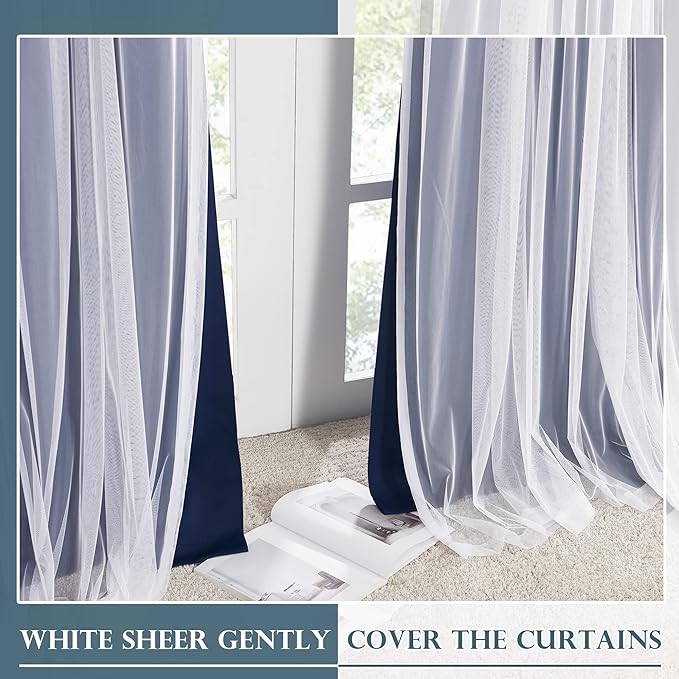 PONY DANCE Navy Blue Curtains Blackout - Room Darkening Curtains with Sheer Elegance Drapery Layered Drapes Mix and Match for Living Room/Kids Bedroom (Set of 2, 52x63 inch, Free Tie-Backs)