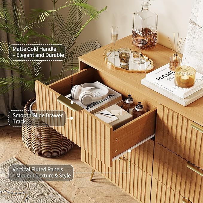 Garvee Fluted Dresser for Bedroom with 9 Drawers,63" Wide Modern Chest of Wooden Bedroom Chest with Metal Handle,Clothes Storage Organizer,Closet Dresser & TV Stand for Living Room,Hallway,Natural