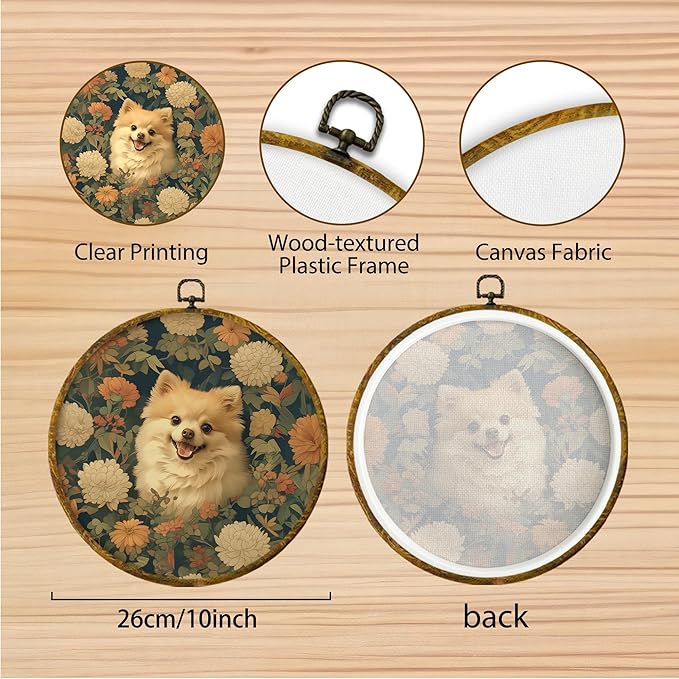 Hiuwevt Vintage Floral Pomeranian Round Wall Art Decor, Pomeranian Gifts for Women Framed Canvas Prints, Cottagecore Flower Dog Round Wall Hanging Decor for Home Bedroom Room Decorations, 10x10 Inches