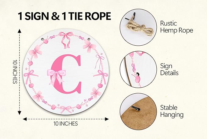 Monogram Round Sign For Front Door, Cherry Bow Theme Sign For Porch Art Wall Door, Initial Signs Hanging Ornament For Indoor Outdoor, Decorations Gifts For Four Seasons Rustic Home Kitchen, C, A03