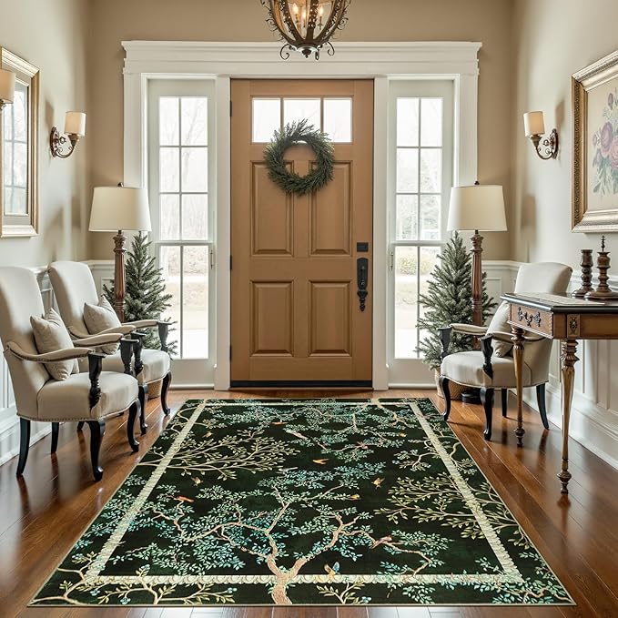 jinchan Yarden Botanical Birds 5x7 Moss Green Christmas Area Rugs for Living Room - Washable Non-Slip Soft Nature Plants Modern Kids Carpet,Vintage Low Pile Indoor Rug for Bedroom Dining Room Nursery