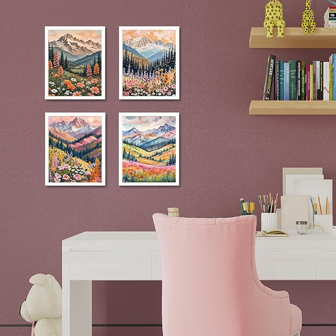 JINYO Boho Abstract Wildflower Mountain Scenery Wall Art Prints Set of 4, Modern Maximalist Colorful Floral Wall Decor Posters Pictures for Home Bedroom Living Room, 8x10 Unframed