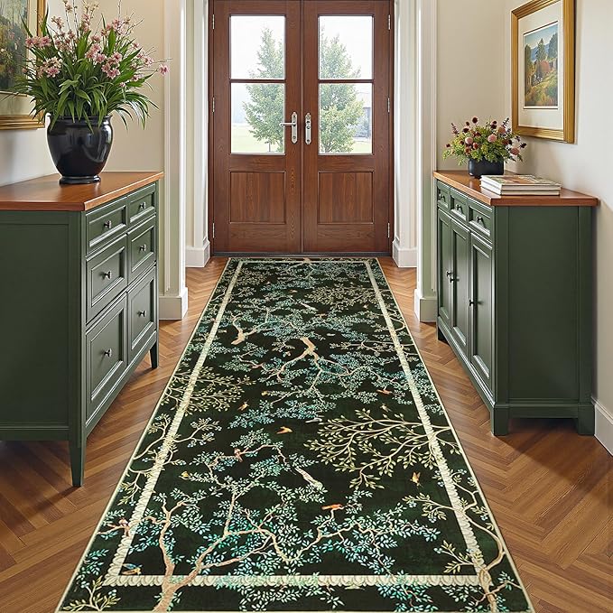 jinchan Yarden Moss Green Botanical Birds 3x10 Christmas Runner Rug for Hallway - Washable Non-Slip Soft Nature Plants Modern Runner Carpet,Vintage Low Pile Rug for Entryway Living Room Kitchen