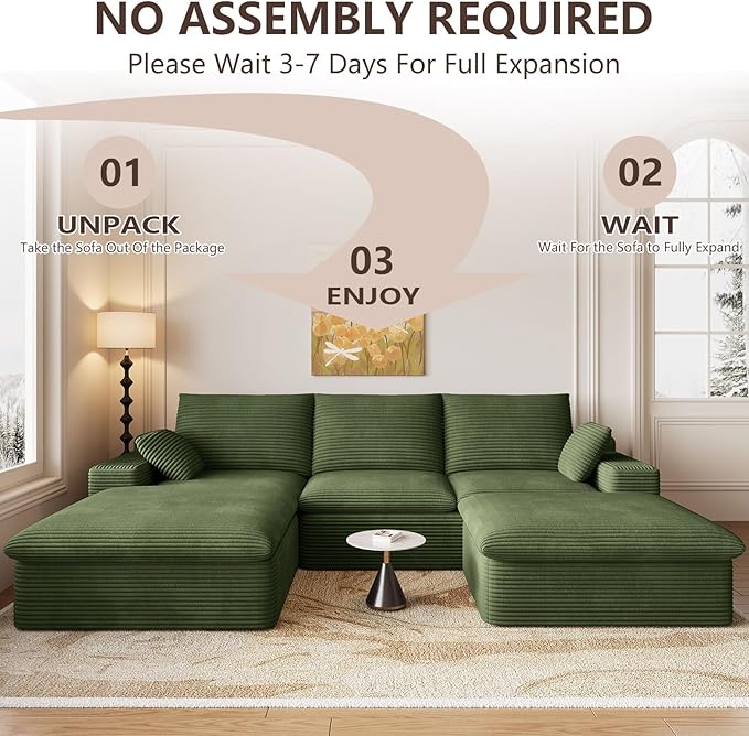 107" Cloud Modular Sectional Sofa with 1 Ottoman, Modern Upholstered Corduroy Couches, Comfort U Shaped Sofa for Living Room, Deep Seat Boneless Couch, No Assembly Required(Green,Left Facing Chaise)