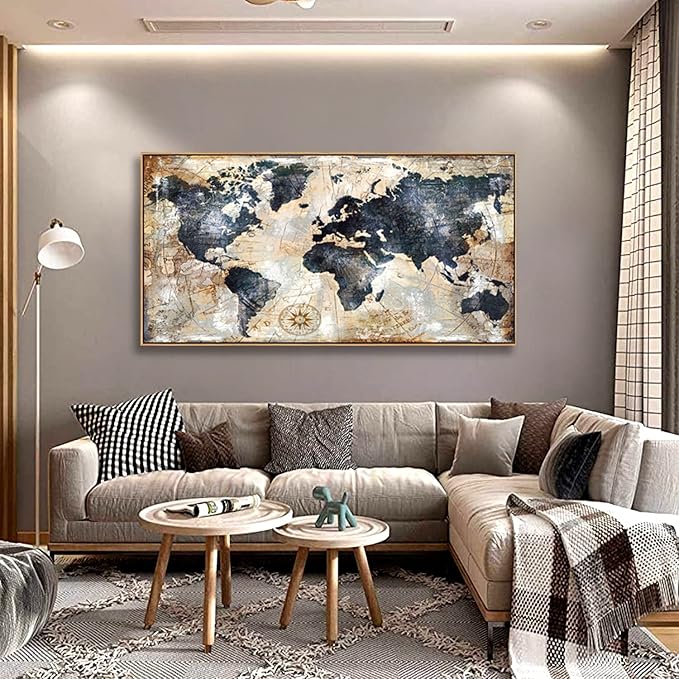 Tucai Decor Framed Wall Art World Map Wall Art Print Picture Decor Home Interior - Map Picture for Office Decor Travel Memory Nautical Map Canvas Artwork 20 x 40 inch Ready to Hang (Framed)