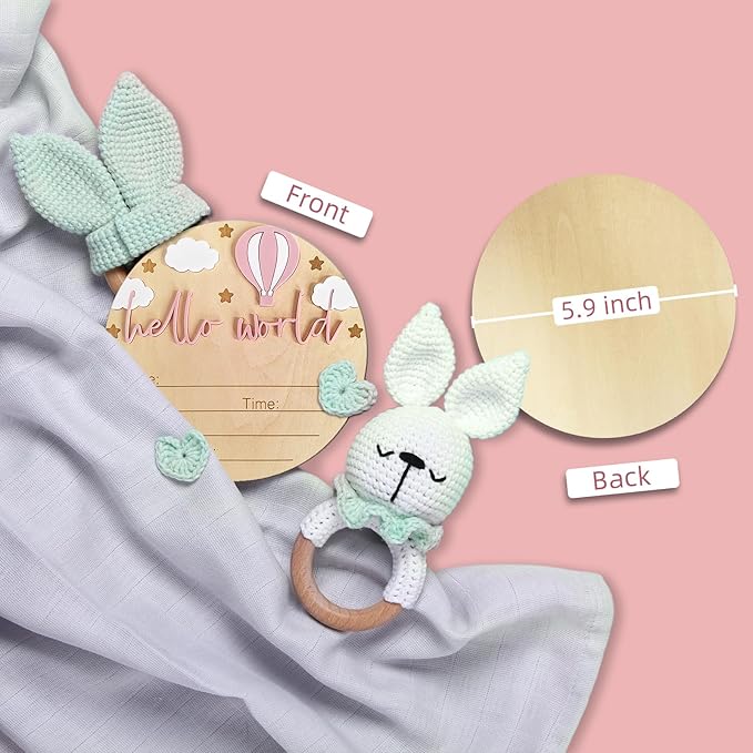 Hello World Newborn Sign - 5.9” Round Wooden Baby Announcement Sign with 3D Hot Air Balloon, Clouds & Stars - Keepsake Birth Gift for Baby Girl’s First Day, Hospital, Shower, or Nursery Décor (Pink)