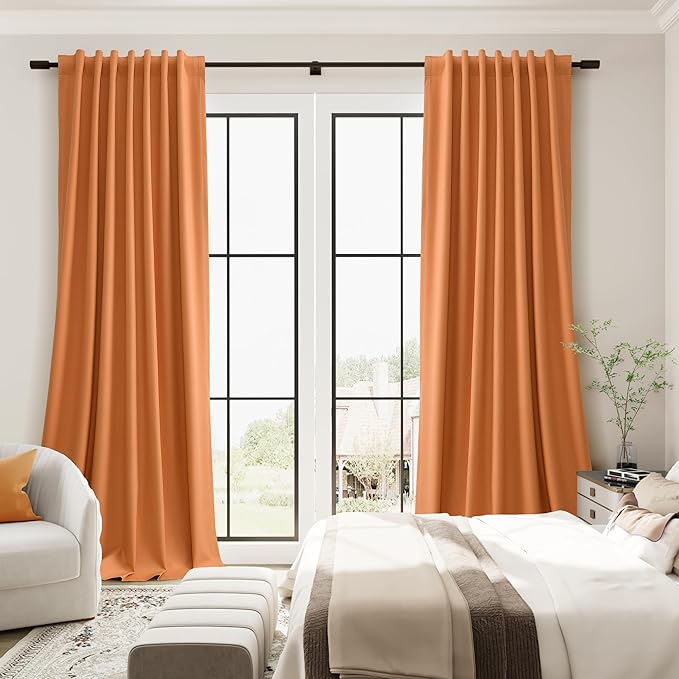Guken Orange Linen 100% Blackout Curtains 108 Inches Long for Living Room 2 Panels Modern Black Out Thermal Insulated Privacy Curtain for Room Divider Back Tab Hook Belt Patio Door Backdrop 52x108 9Ft