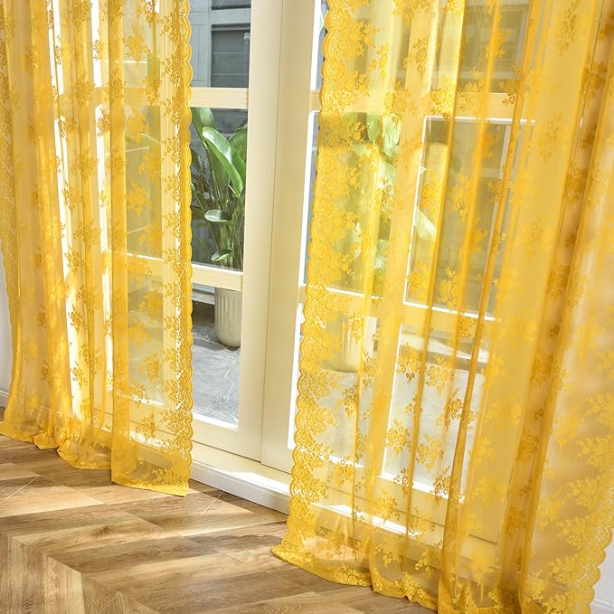 Kotile Gold Sheer Curtains 54 Inch Length 2 Panels, Country Vintage Floral Retro Mustard Yellow Lace Curtains for Bedroom, Rod Pocket Light Filtering Privacy Boho Window Curtain Panels, 52 x 54 Inch