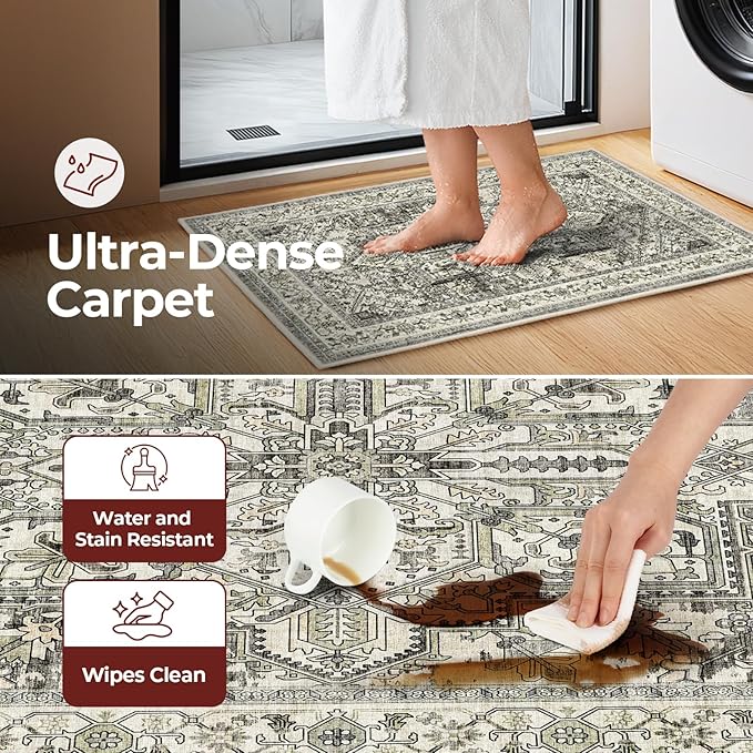 WITSHOCK Indoor Door Mat, Entrance Mat 2x3 Machine Washable Non Slip Backing Mat Soft Foldable,Vintage Rugs Mats, Inside Floor Mat Doormat, Brown Lvory