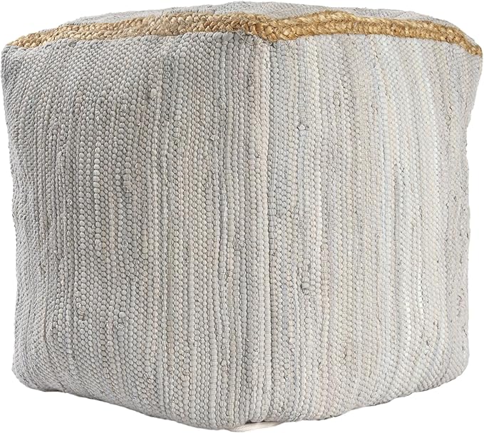 LR Home Gray Bordered Transitional Hand-Loomed All-Natural Cotton Pouf with Jute Braid | Farmhouse Cube Foot Rest for Bedroom & Living Room Decor | 18 x 18 x 18 Stuffed Ottoman for Seating