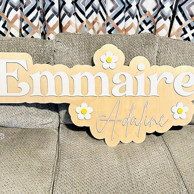 Personalized Nursery Name Sign, Custom Wooden Name Sign with Flowers, 3D Layered Wood Wall Decor for Baby Girl Room, Boho Floral Kids Room Name Plaque, 2 Layer /2