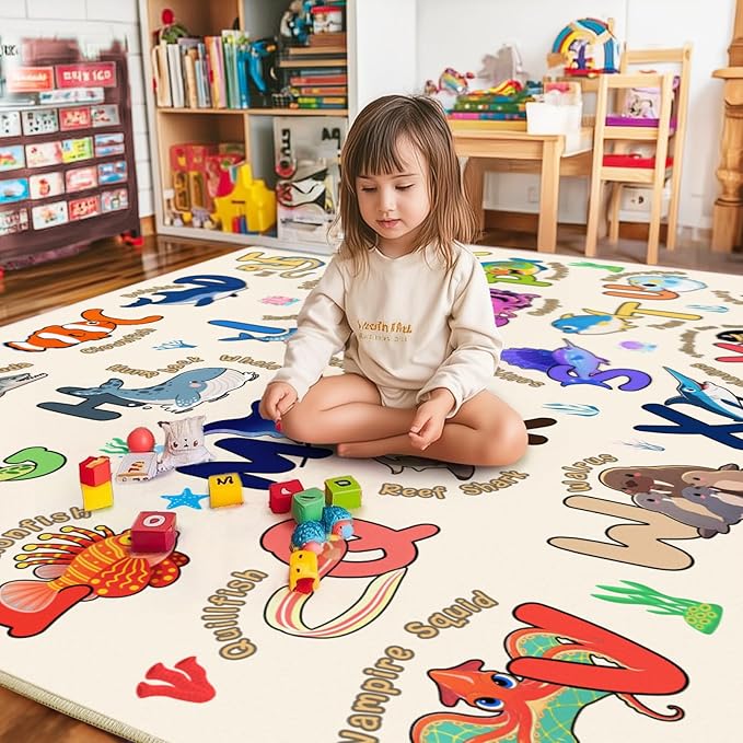 Kids Rugs for Playroom, 5x7 Feet Educational Rug for Learn The ABC Alphabet, Soft Machine Washable Non-Slip Cute Marine Organisms Carpet for Classroom Toddler Nursery Kids Room Decor, Beige