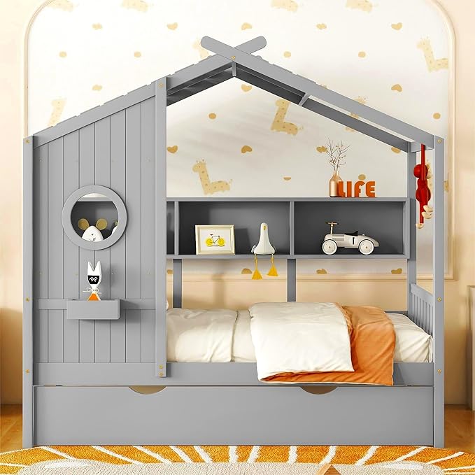 Twin Size House Bed with Roof and Window for Kids, Wooden Playhouse Bed with Storage Shelves and Trundle for Bedroom Furniture Girls & Boys (Grey/T1)