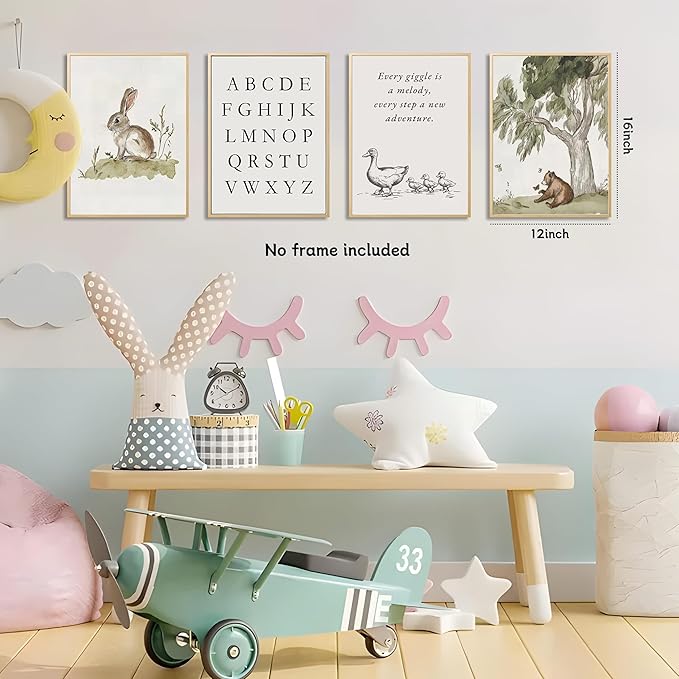 Kousne Nursery Gallery Wall Art Animal Canvas Prints Vintage Rustic Poster Set for Kids’ Room Decor Alphabet Inspirational Quotes Wall Art Neutral Baby Room Painting Unframed12x16 Inches
