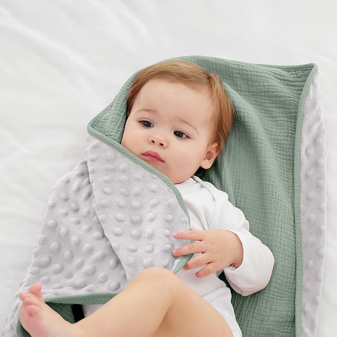 Susurration Baby Blanket for Unisex Boys Girls, Soft Nursery Minky Blanket with Muslin Cotton Front and Dotted Fleece Back, Receiving Blanket for Baby Newborn Infant, 30x40inch (Green)