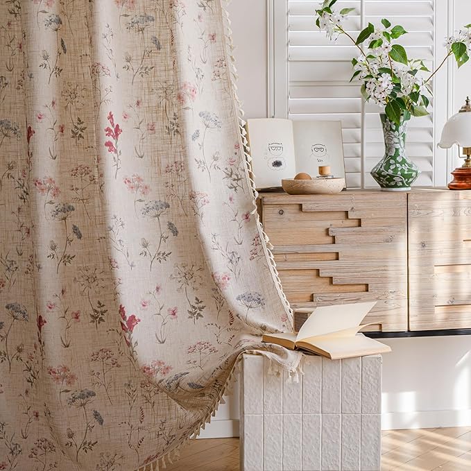 OYX Floral Curtains 2 Panels 52x96 Inches, Boho Tassel Semi-Sheer Light Filtering, Rod Pocket Farmhouse Window Drapes for Bedroom Living Room Dining Room, Bohemian Aesthetic Decor