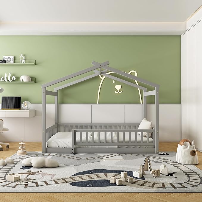 Merax Full Size Wooden House Bed with Fence, Wood Bed Frame with Roof and Safety Guardrail for Kids, Teens, Boys or Girls, Gray