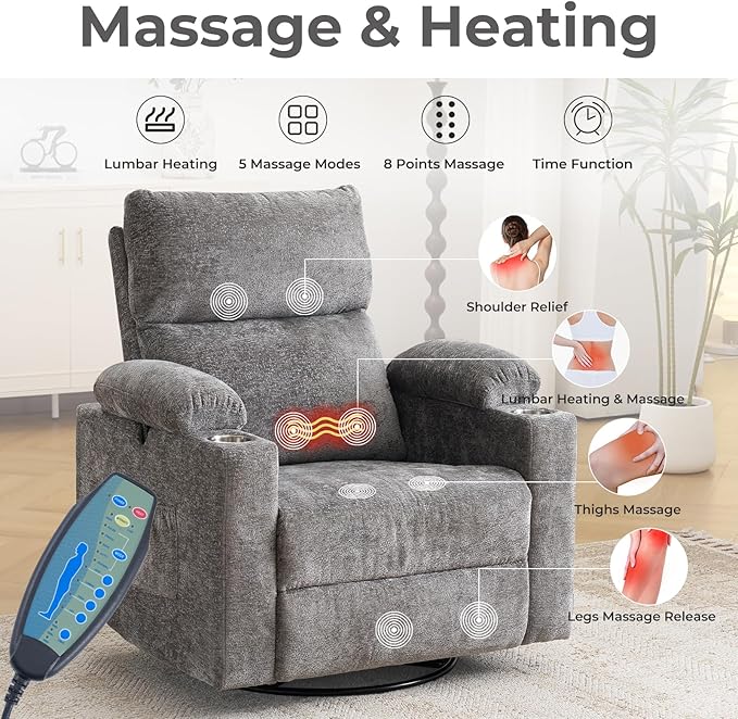 Rocking Chair Nursery with Adjustable Armrests, Electric Glider Recliner Nursing Chair for Breastfeeding, Power Swivel Recliner Chairs with Massage and Heat, Adjustable Headrest, Dark Grey