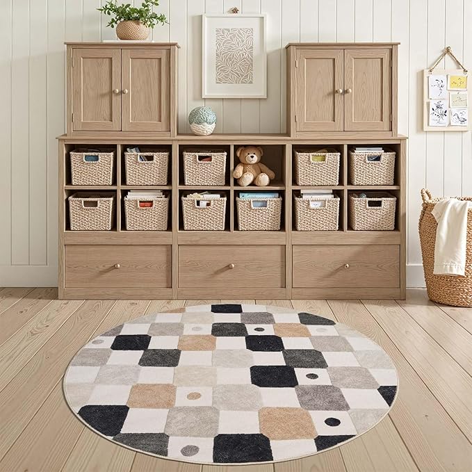 jinchan Macy Round Rug 5ft Kids Washable Rug Indoor Non-Slip Black and White Modern Soft Rug Elementary School Classroom Diamond Carpet for Nursery Playroom Daycare Bedroom Living Room Marble on Cream