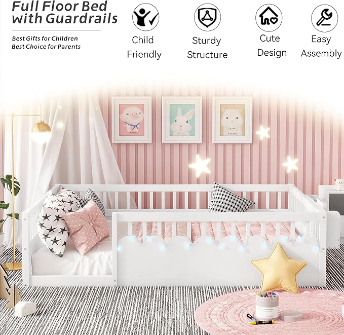 Full Toddler Floor Bed with High Rails, Wooden Montessori Bed Frame with Light and Storage Shelf, Full Size Bed Frame for Kids, Boys and Girls, White