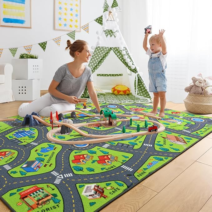 Merelax 4x6 Kids Car Area Rug, Green Grey Area Road Rugs for Living Room Playroom Classroom Bedroom, Non Slip Kids Play mat, Washable Rug, Educational City Traffic Map Fun Car Carpet for Ages 3-12