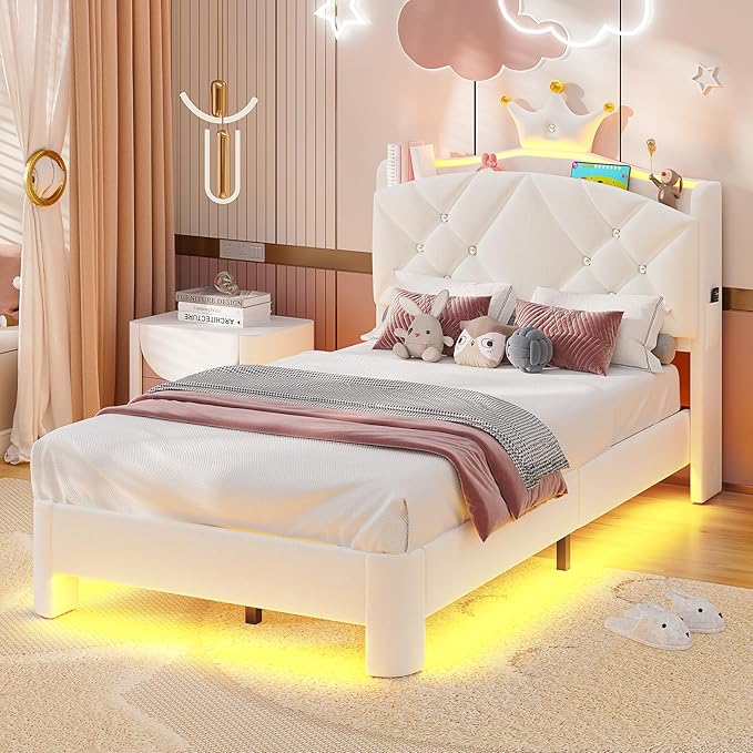 MSmask Twin Bed Frame with LED Lights, Princess Upholstered Bed with Headboard with Charging Station & Crystal Button & Crown, Velvet Platform Bed for Girls, Solid Wood Slats, Curved Legs, White