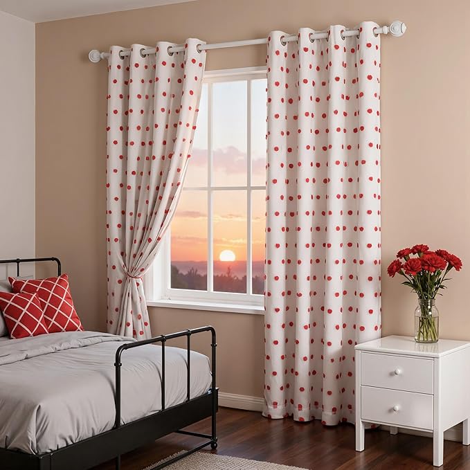 MYSKY HOME Blackout Curtains for Nursery Thermal Insulated Red Pom Pom Curtains 72 Inch Long for Girls Bedroom 2 Panels White Sheer Curtains for Kitchen Dining Room Door Grommet, 52 x 72 in