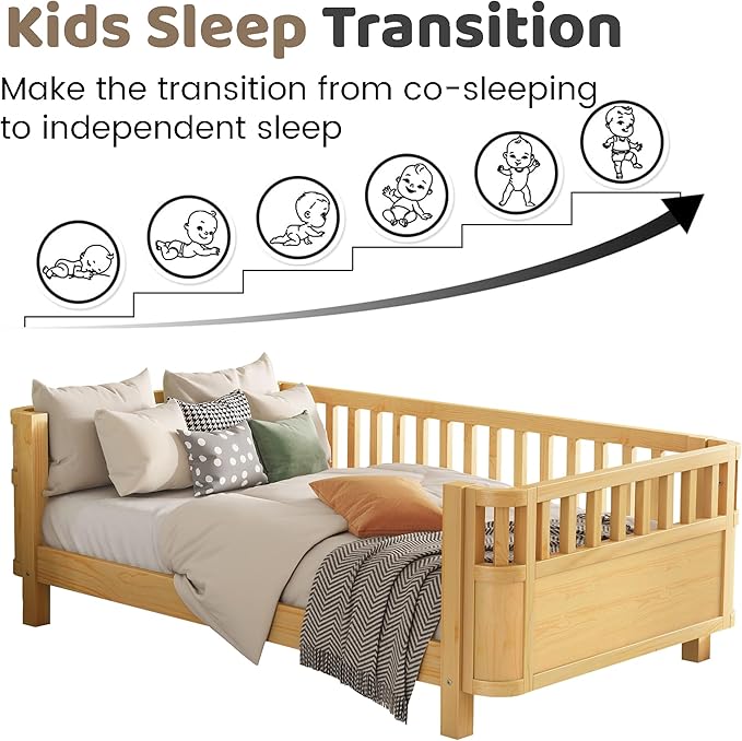 Twin Bed Frames Kids with Rails, Wood Montessori Twin Bed with Slats Support, Modern Low to Ground with Removable Bed Rails for Girls Boys Bedroom Living Room, Natural