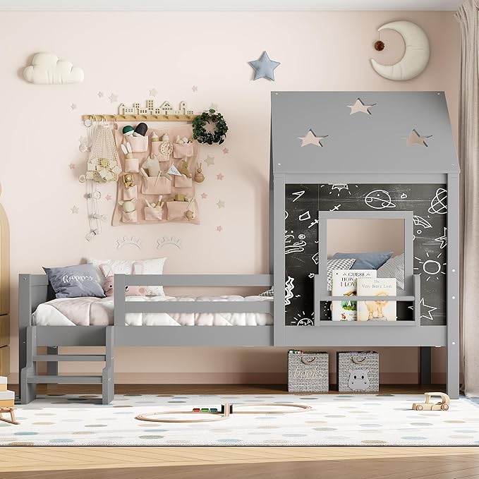 Bellemave Twin House Bed with Rails or guardrails and Bookcase, Wooden Twin House Shape Platform Bed for Boys, Girls, Teens, Gray