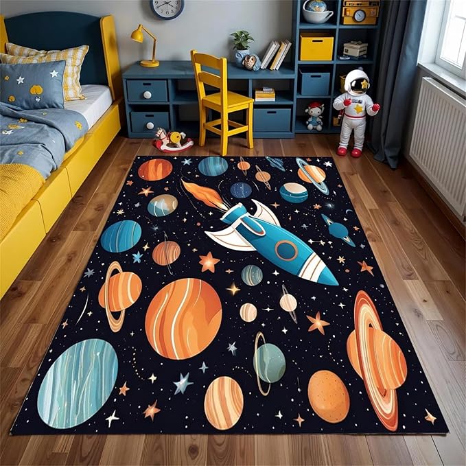 5x8ft Large Space Themed Area Rug - Cartoon Space Solar System Planets Area Rugs, Soft Non-Slip, Machine Washable Polyester Mats, Perfect for Kids Room, Playroom and Nursery, Space Room Decor