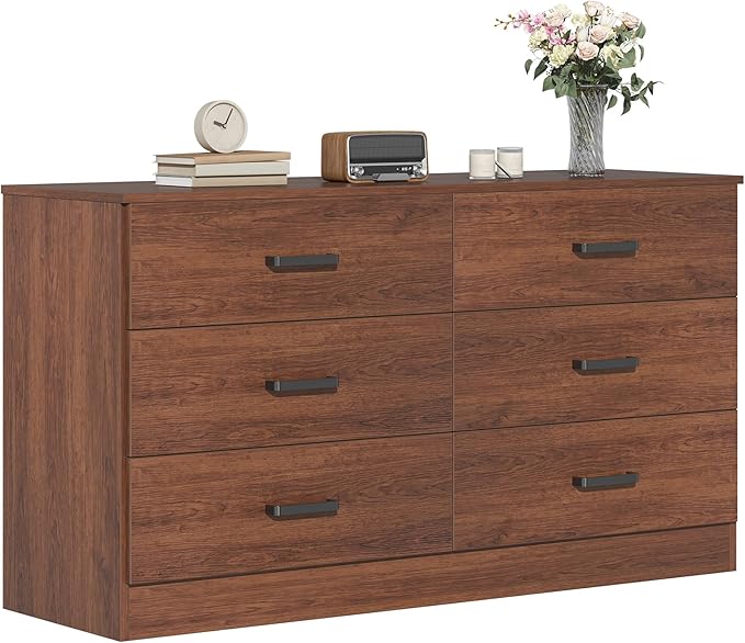 Bigbiglife Wood Dresser for Bedroom, 6 Drawer Double Dresser, Mid Century Modern Chest of Drawers with Deep Drawers, Large Storage Organizer for Living Room, Closet(Walnut Brown)
