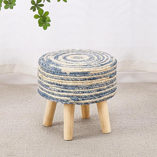 Cpintltr Round Ottoman Natural Seagrass Footstool Hand Weave Water Hyacinth Poufs Eco Friendly Sofa Foot Stool Soft Step Stool Padded Foot Rest with Pine Legs for Living Room (Mixed Blue)
