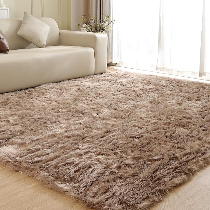 Fluffy Beige 8X10 Area Rug Faux Sheepskin Shaggy Fur Rug Washable for Living Room Bedroom Nursery Teen Room Home Décor