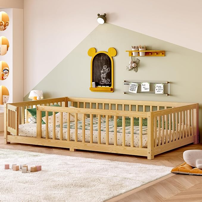 Full Size Floor Bed with Fence and Lockable Door, Wood Montessori Bed Frame with Slat Support for Kids,Boys,Girls,Easy Assembly, Natural