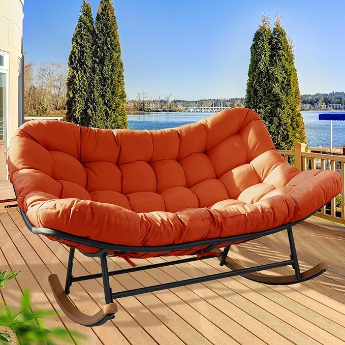 Double Papasan Rocking Chair Outdoor & Indoor, 660LBS Capacity Oversized Patio Rocking Chair for 2-Person with Thick Cushion and Frame, Egg Rocking Chair for Garden, Deck, Living Room, Red