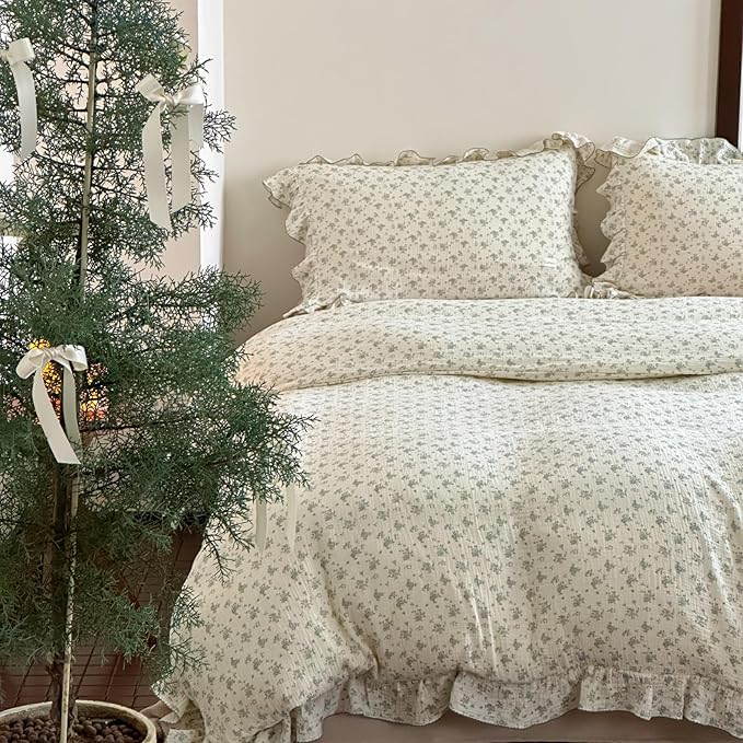 AOJIM Muslin Cotton Kids Duvet Cover 1 Piece for Girls and Boys - Super Soft Floral Print Comforter Cover 79X90'' - Comfy Breathable Ruffled Edge Bedding Duvet Cover for Room Decor, Machine Washable