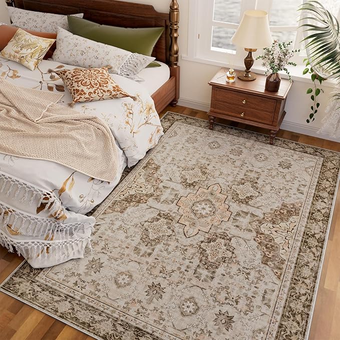 AMTOVO Area Rugs 5'x7' Washable Non-Slip, Vintage Boho Distressed Print Pattern Rugs for Living Room, Soft Low Pile Carpet for Bedroom Indoor Playroom Nursery Farmhouse Dining Room, Light Brown