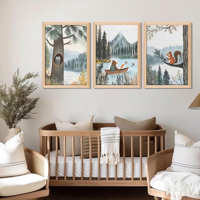 Framed Cute Animals Wall Art Set of 3, Woodland Bear Canoe Adventure Nursery Decor, Owl Squirrel Kids Room Pictures Prints, Wild Animals Canvas Wall Decor for Baby Room Decor – 12x16 inch