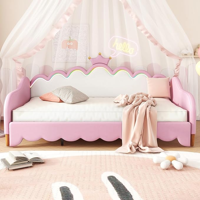 Twin Size Princess Extending Daybed with LED Lights for Kids Girls, Modern Upholstered Princess Daybed Frame with Crown Headboard, Pink Sleeper Sofa Bed for Bedroom, Guest, Study Room (Pink)