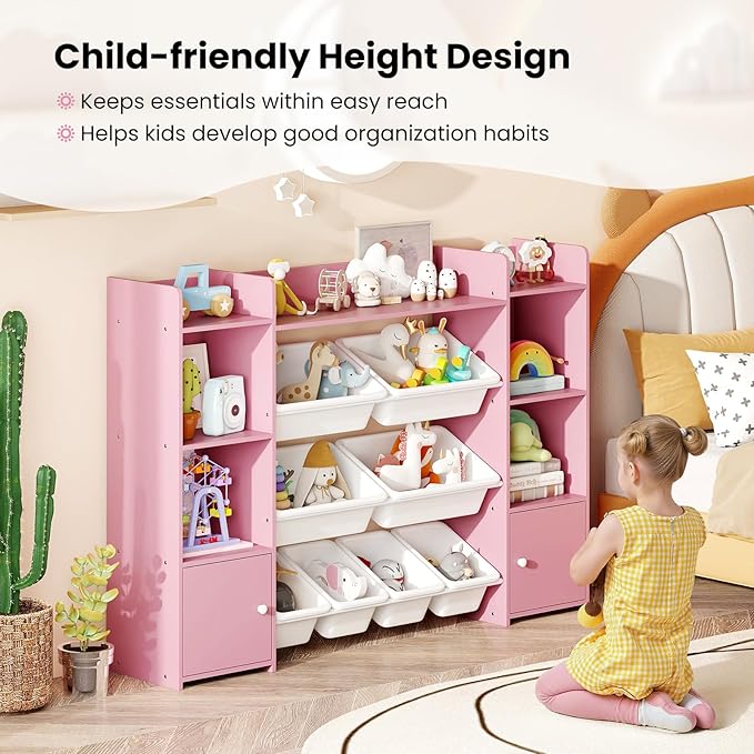 Costzon 56'' Kids Toy Storage Organizer with 8 Removable Bins, 4-Tier Toddler Bookshelf Cubbies, Preschool Children's Montessori Bookshelf w/6 Large Cabinet for Playroom, Daycare, Kids Room, Classroom
