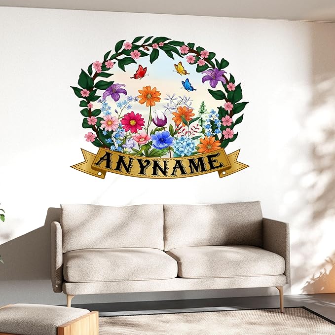 Custom Name Wall Decal Personalized Colorful Floral Butterfly Name Transparent DTF Vinyl Removable Nursery Wall Decals for Baby Kids Room, Teen Bedroom, Window, Cute Home Decor Gifts