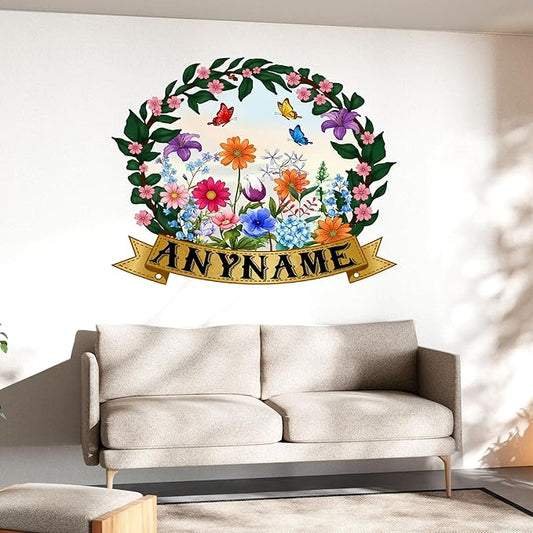 Custom Name Wall Decal Personalized Colorful Floral Butterfly Name Transparent DTF Vinyl Removable Nursery Wall Decals for Baby Kids Room, Teen Bedroom, Window, Cute Home Decor Gifts