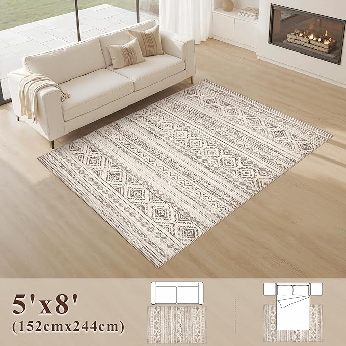Area Rugs for Living Room Washable Living Room Rug Soft Neutral Indoor Floor Carpet Non-Slip Stain Resistant Modern Boho Rugs for Bedroom Dining Room Kids Room Nursery Office Home Dark Brown