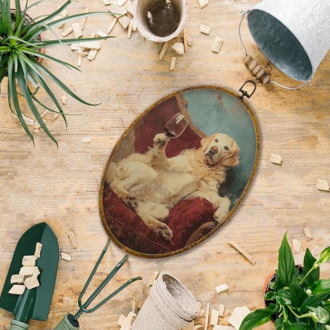 Hiuwevt Funny Golden Retriever Oval Wall Art Decor, Golden Retriever Gifts Framed Canvas Prints, Farmhouse Dog Drink Wine Oval Wall Hanging Decor for Home Bedroom Kitchen Decorations, 8.6x11.4 Inches