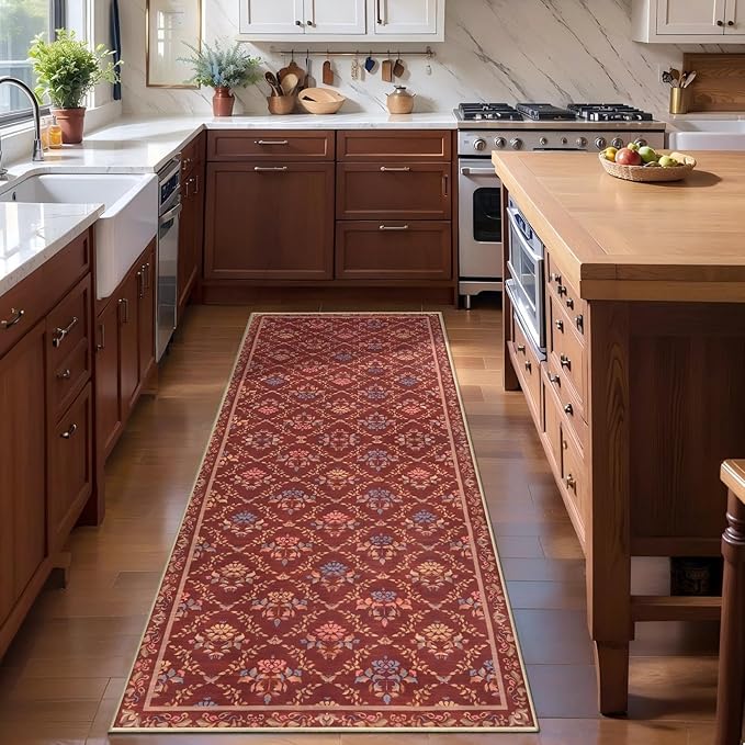 Tangsoo 2x6 Washable Runner Rug for Hallways, Non Slip Moroccan Trellis Red Floral Carpet Runner, Soft Low Pile Floor Carpet Runner for Kitchen, Laundry, Bedroom, Bathroom, Living Room Home Decor