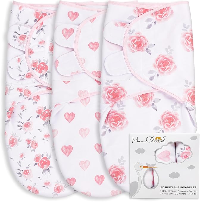 Mama Cheetah Preemie Swaddle Sack, Organic Swaddling Sleep Sacks for Preemies, Swaddle Blanket Wrap, Easy Swaddles for Premature Baby Girl 4-7 lbs, Newborn Essentials, 3-Pack, Cotton, Grey/Pink