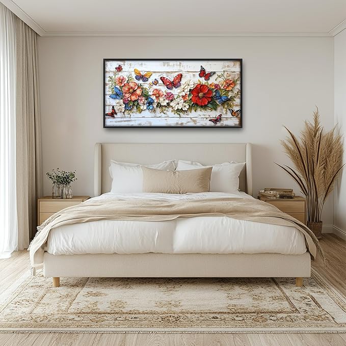 Olivine Flower Large Wall Art, Butterfly Pictures Wall Decor, Boho Painting, Rustic Wood Grain Canvas Prints, Framed Artwork for Dining Room Living Room Bedroom Bathroom Office Home Decor 60"x30"