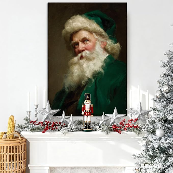 YONICA Christmas Canvas Wall Art Green Santa 24x32 Inch Historical Christmas Figure Art - Large Framed Gallery Wrapped Collectors Edition